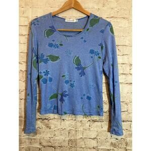 fresh Produce Top Womens Medium Baby Blue Floral Shimmer Long Sleeve Stretch